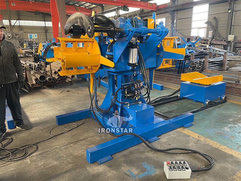 “5 Ton 500mm Width Double Head Hydraulic Decoiler With Loading Car Automatic Steel Coil Uncoiler For Roll Forming Line High Productivity Double Mandrel Hydraulic Decoiler  ”